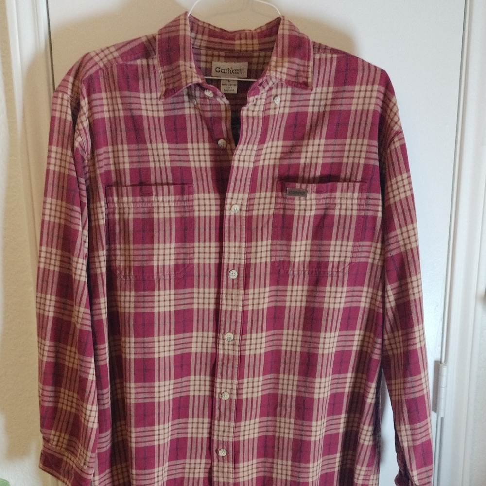 Carhartt Men's Burgundy and Cream Plaid Shirt